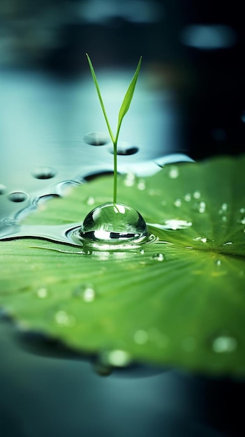 une goutte d'eau sur une feuille avec une gousse d'eau.