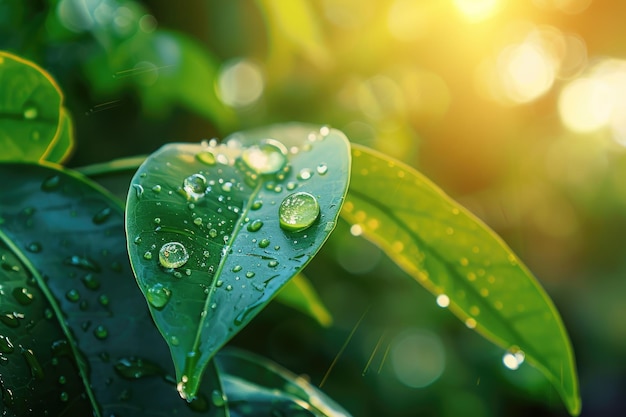 Goutte d'eau de feuille verte sur fond d'été