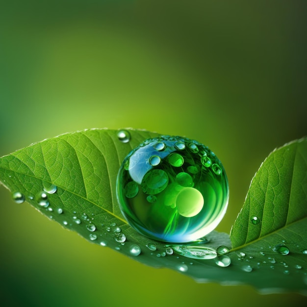 Goutte d'eau de feuille verte sur fond vert bokeh flou concept de jour de la terre