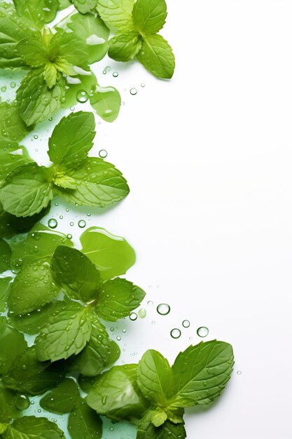 une goutte d'eau avec des feuilles de menthe flottant dans l'eau.