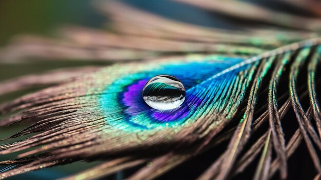 Photo une goutte d'eau flottant sur une belle plume de paon