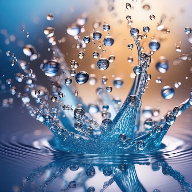 goutte d'eau tombant sur une surface bleue avec une goutte d'eau éclaboussée avec une goutte d'eau bleue dans l'eau