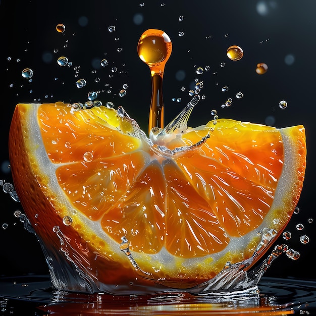 une goutte d'eau tombe dans une tranche d'orange