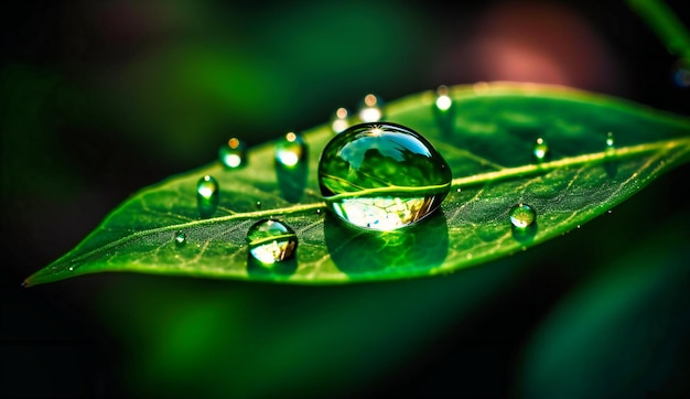 Goutte d'eau verte sur la feuille