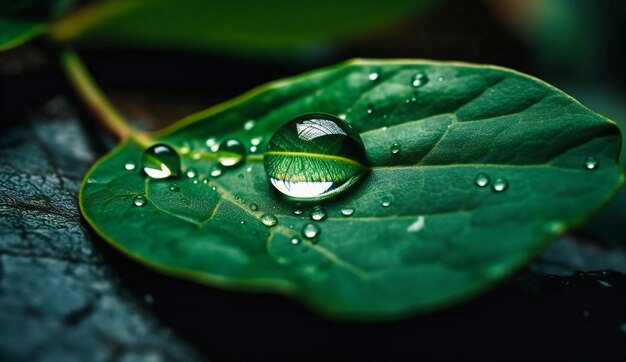 Goutte d'eau verte sur la feuille