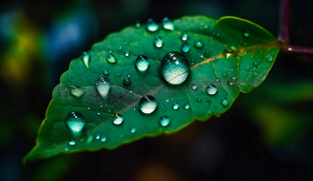 Goutte d'eau verte sur la feuille