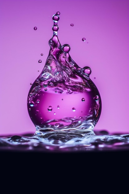 Une goutte d'eau violette tombe dans un verre