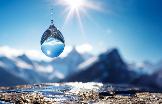 Photo une goutte d'eau volante macro dans le contexte d'un paysage de montagne et d'un lac d'eau potable naturelle pure