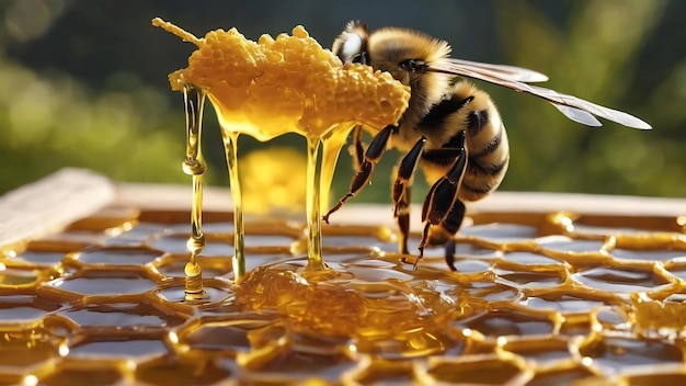 Goutte de miel d'abeille coulant de chenilles hexagonales remplies de nectar doré chenilles d'été composi