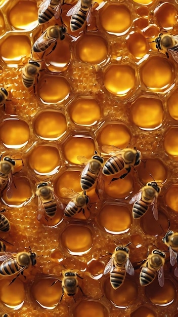 Une goutte de miel d'abeille coule des ruches hexagonales.