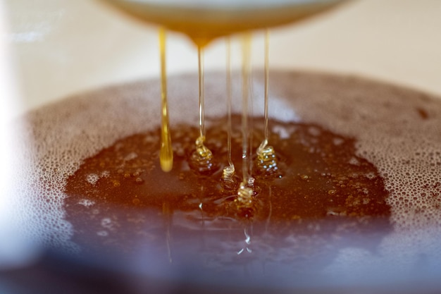 Goutte de miel d'abeille coulée à partir de chenilles hexagonales remplies de nectar doré Composition d'été des chenilles de miel consistant en goutte de miel naturel coulée sur le cadre de cire de l'abeille Goutte de lait d'abeile coulée dans les chenilles