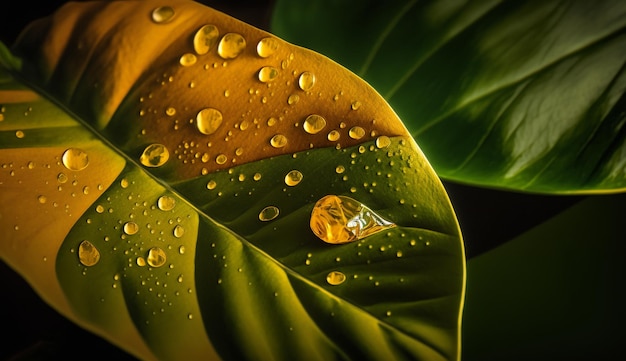 Une goutte de pluie fraîche sur une veine de feuille verte générée par l'IA