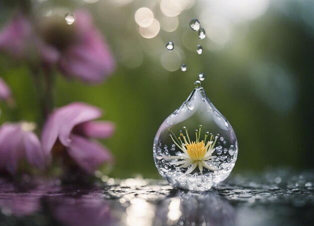 Une goutte de pluie nourrissant la fleur de belles fleurs avec des gouttes d'eau
