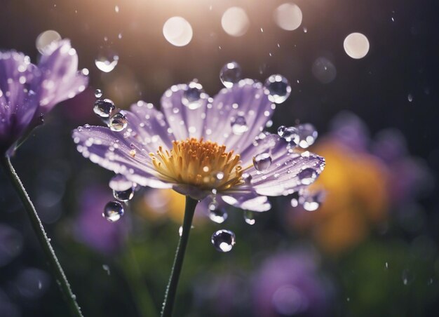 Une goutte de pluie nourrissant la fleur de belles fleurs avec des gouttes d'eau