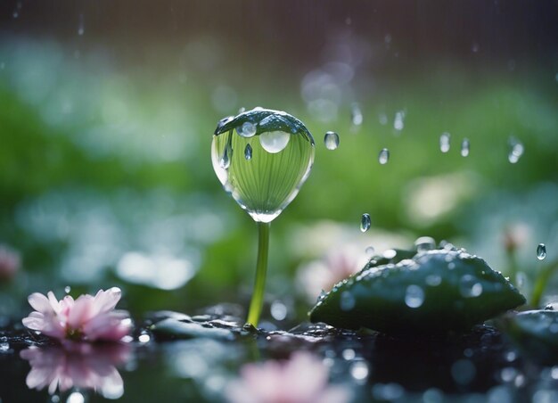 Une goutte de pluie nourrissant la fleur De belles fleurs avec des gouttes d'eau