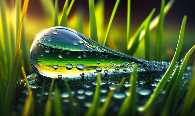 Une goutte de rosée sur un brin d'herbe reflétant la lumière du soleil du matin