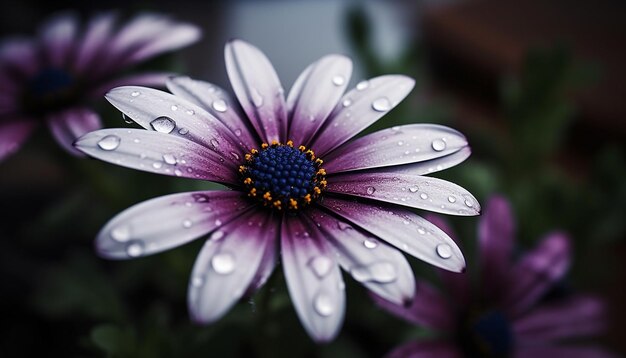 Une goutte de rosée de camomille vibrante sur une marguerite violette dans un jardin formel généré par l'intelligence artificielle