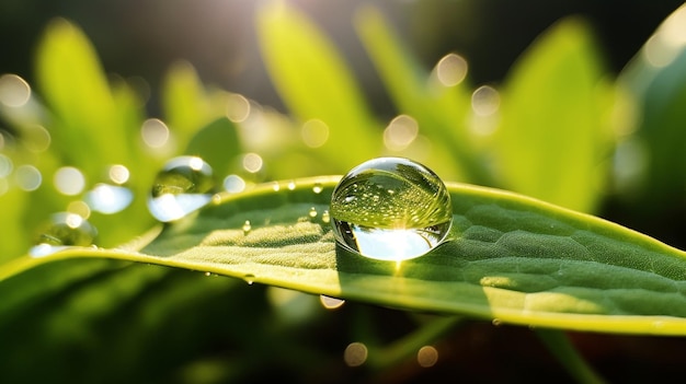 Goutte de rosée sur la feuille qui reflète la pousse Generative AI