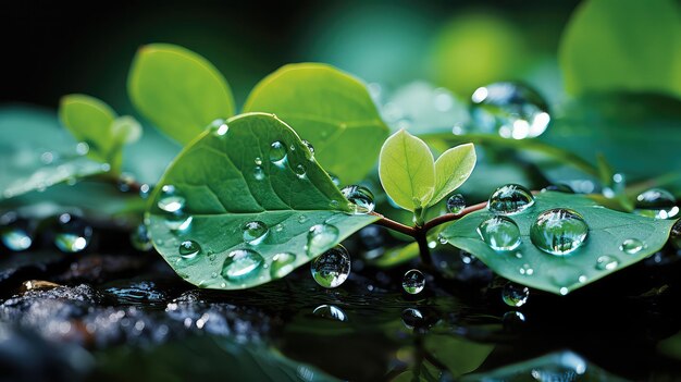 Goutte de rosée sur le reflet des feuilles