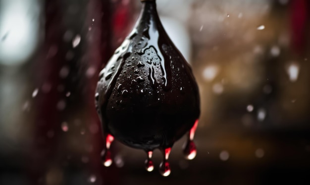 Une goutte de sang pend sous la pluie