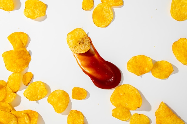 Une goutte de sauce ketchup et de croustilles sont éparpillées sur un fond blanc Vue de dessus mise à plat