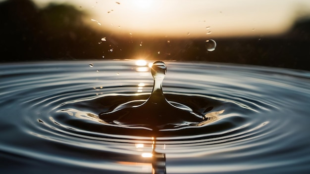 Une goutte à la surface de l'eau avec l'éclat du soleil et les éclaboussures à l'intérieur