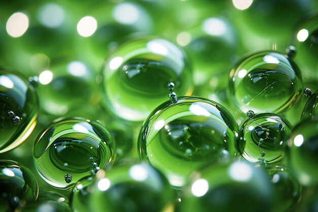 une goutte de verre verte est entourée de gouttes d'eau Surface d'eau lisse et bulles sur fond vert