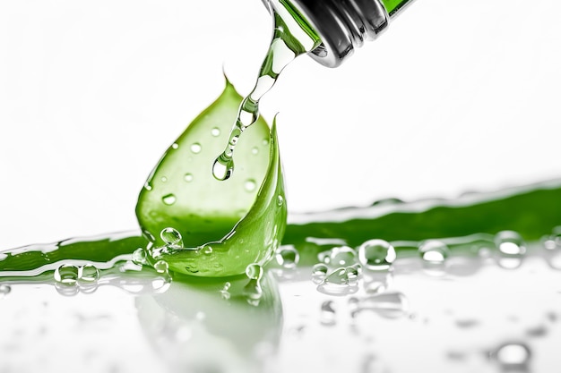 Photo gouttelettes d'aloe vera fraîches et bouteille cosmétique sur fond blanc illustration générative ai