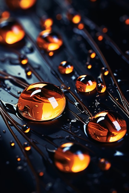 Des gouttelettes d'ambre sur une surface noire avec un motif de lignes minces