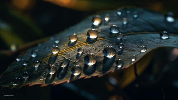 Gouttelettes d'eau sur une feuille avec le soleil qui brille dessus.