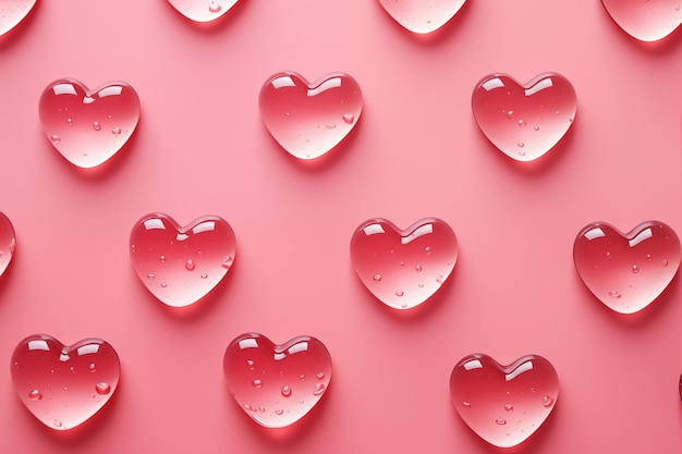 Des gouttelettes d'eau formant des formes de cœur sur une surface de verre sur un fond rose Valentine