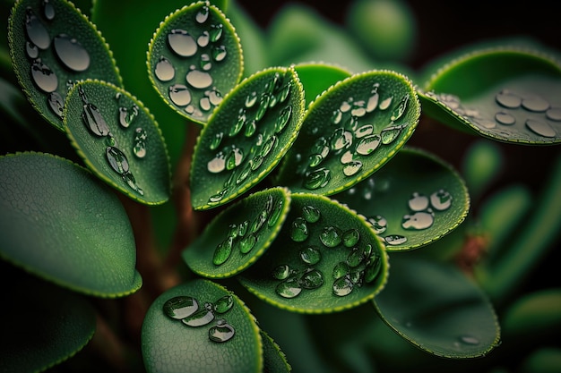 Gouttelettes d'eau en gros plan sur une feuille de plantes vertes adaptées au papier peint