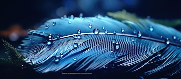 Gouttelettes d'eau sur la plume aux couleurs bleues