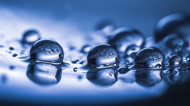 Gouttelettes d'eau sur une surface avec les mots " eau " au fond.