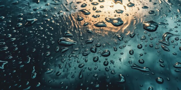 Des gouttelettes d'eau tombent sur la surface transparente de l'eau à la lumière du soleil.