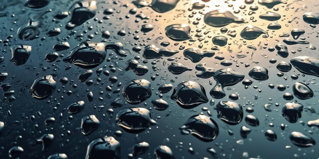 Des gouttelettes d'eau tombent sur la surface transparente de l'eau à la lumière du soleil.