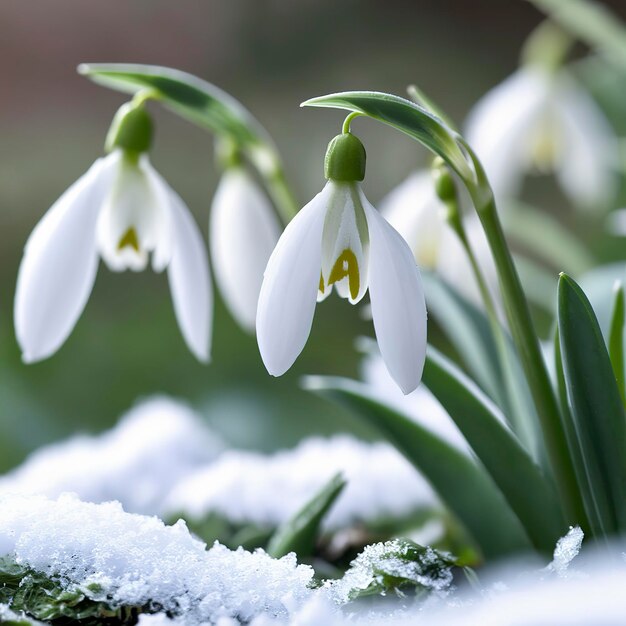 Photo des gouttelettes de neige au début du printemps en gros plan