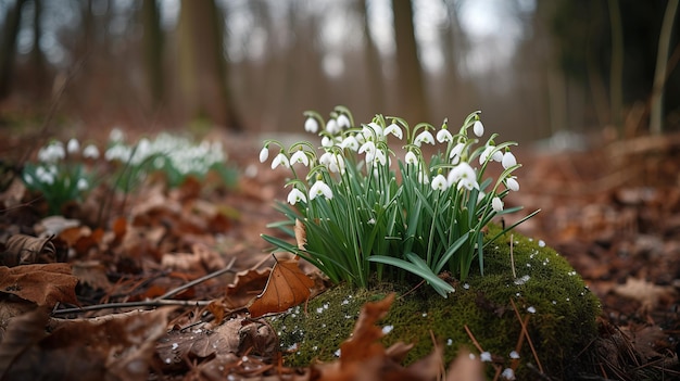 Des gouttelettes de neige dans la forêt de printemps