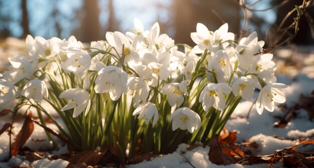 Les gouttelettes de neige fleurissent dans la neige sur le sol.