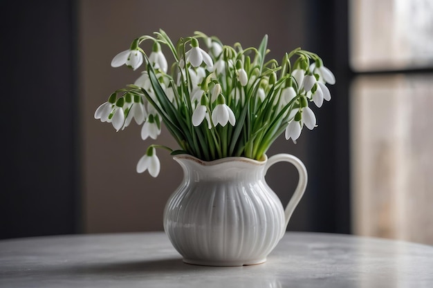 Photo des gouttelettes de neige fraîches dans un vase blanc