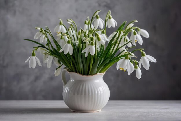 Photo des gouttelettes de neige fraîches dans un vase blanc