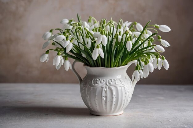 Photo des gouttelettes de neige fraîches dans un vase blanc