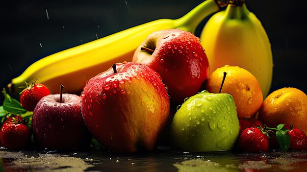 Les gouttelettes ornent les fruits vibrants créant un tableau alléchant sur la surface humide