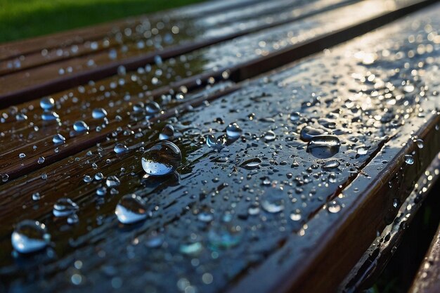 Des gouttes d'eau sur un banc de parc