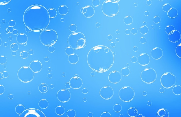 Gouttes d'eau bulles transparentes blanches ou sphères de savon produit de beauté liquide sur fond bleu aqua rendu 3d gel de sérum ou texture de collagène soins de la peau bannière d'hydratation cosmétique