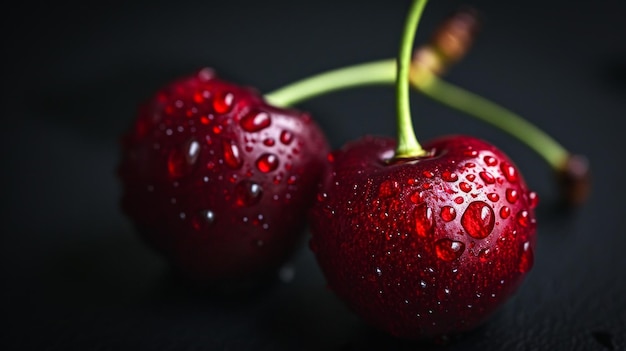 gouttes d'eau sur des cerises rouges sur un fond noir