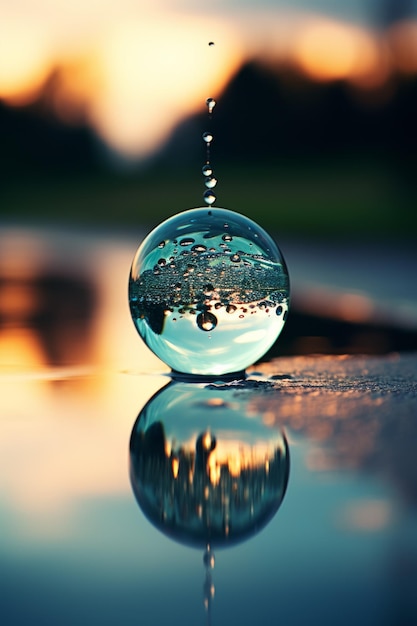 Des gouttes d'eau éclaboussant sur une boule de verre créant un effet d'onde avec un coucher de soleil en arrière-plan