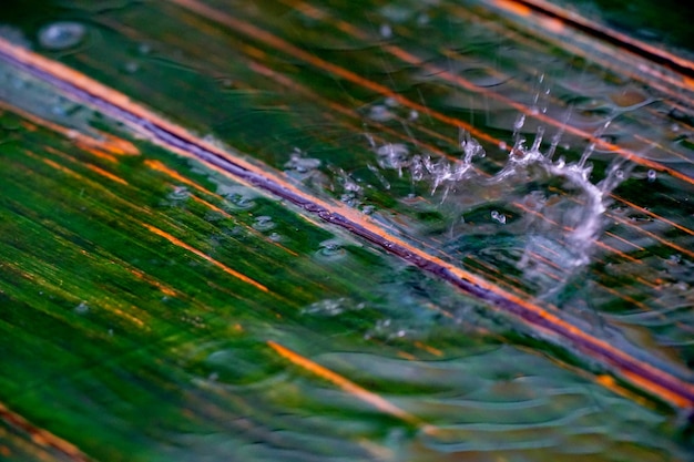 gouttes d'eau éclaboussures sur fond de bois vert