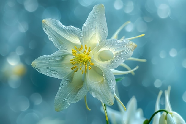 Des gouttes d'eau élégantes ornent une délicate fleur blanche sur un fond bleu doux