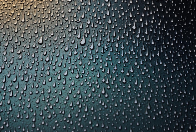 Des gouttes d'eau sur une fenêtre, le ciel bleu se reflète dans les gouttes de pluie.